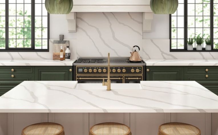kitchen backsplash with marble counters in green kitchen